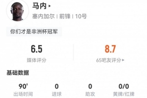 34岁马内本场1射+12丢失球权 10对抗5成功+3造犯规 获评6.5分配图